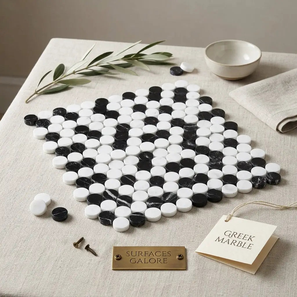 Thassos white penny-round black and white marble mosaic tile arranged in a yin-yang pattern polished or honed