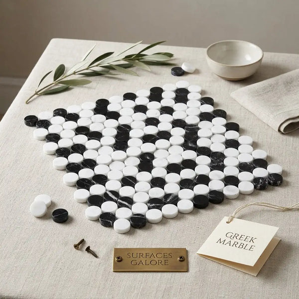 Thassos white penny-round black and white marble mosaic tile arranged in a yin-yang pattern polished or honed