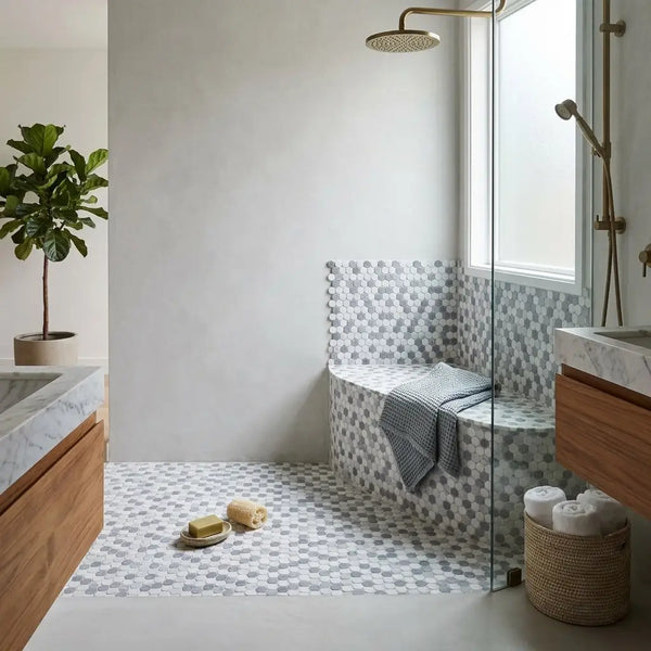 Polished brass round textured showerhead featured with thassos white penny-round carrara mosaic marble
