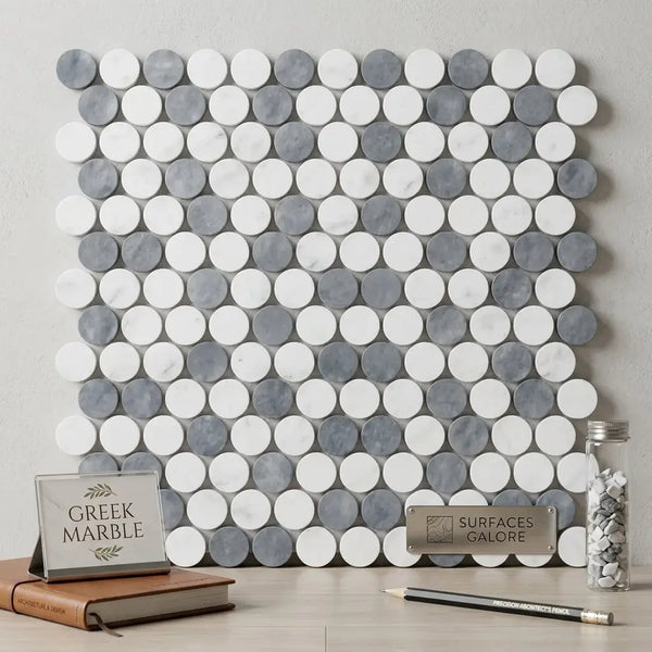 A modern Thassos white penny-round mosaic marble wall with polished Carrara white and blue-gray tiles in a circular pattern