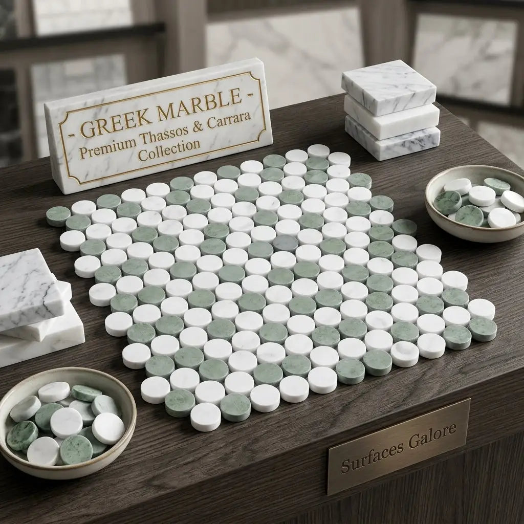 A thassos white penny-round mosaic marble tile pattern with alternating white carrara and sage green ming green circles