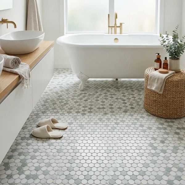 White and gray thassos penny-round mosaic marble tile flooring featuring carrara and ming green polished finish