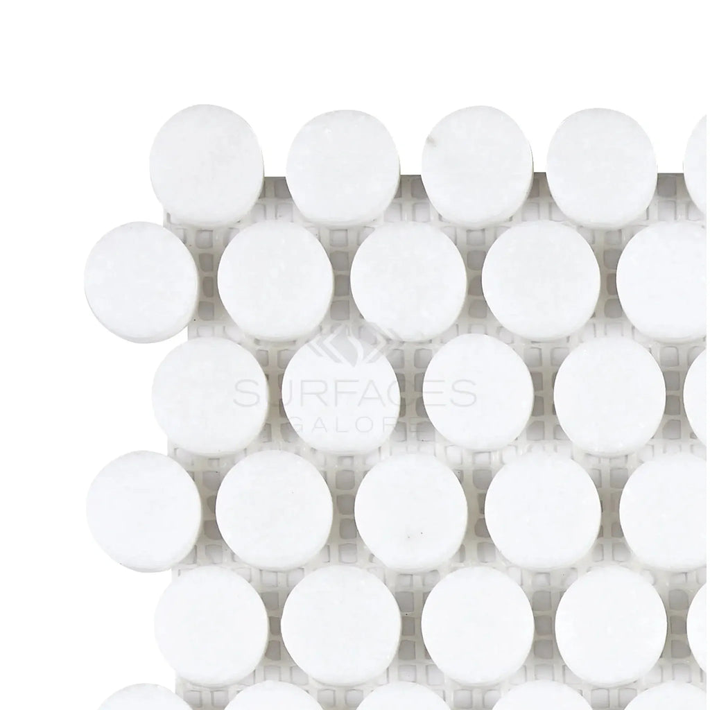 Thassos White Penny-Round Mosaic Marble Sheet in Polished or Honed Finish