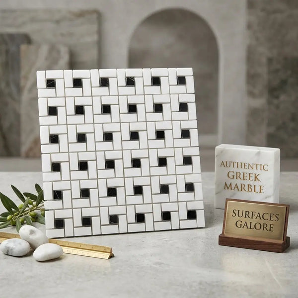 Thassos white pinwheel mosaic marble panel with black woven pattern polished or honed finish