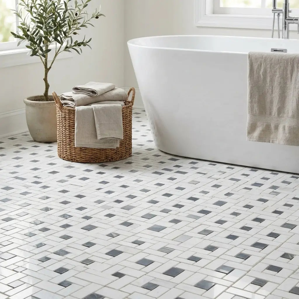 Thassos white pinwheel mosaic polished marble floor tile with white and gray diamond pattern and blue-gray accents