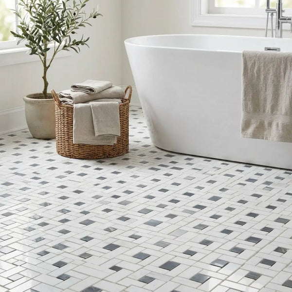 Thassos white pinwheel mosaic polished marble floor tile with white and gray diamond pattern and blue-gray accents