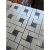 Thassos white pinwheel mosaic with blue-gray polished marble tiles in a white and gray woven pattern wrapped in plastic