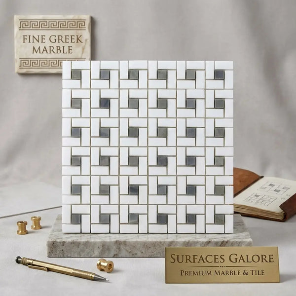 Thassos white pinwheel mosaic with blue-gray woven pattern in polished or honed marble tile panel