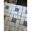 Thassos white pinwheel mosaic with blue-gray marble polished tiles in white and gray arranged in herringbone pattern wrapped in plastic