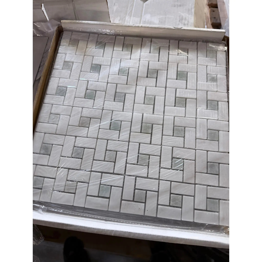 Thassos white pinwheel mosaic marble tile with white and gray woven basketweave pattern polished or honed finish