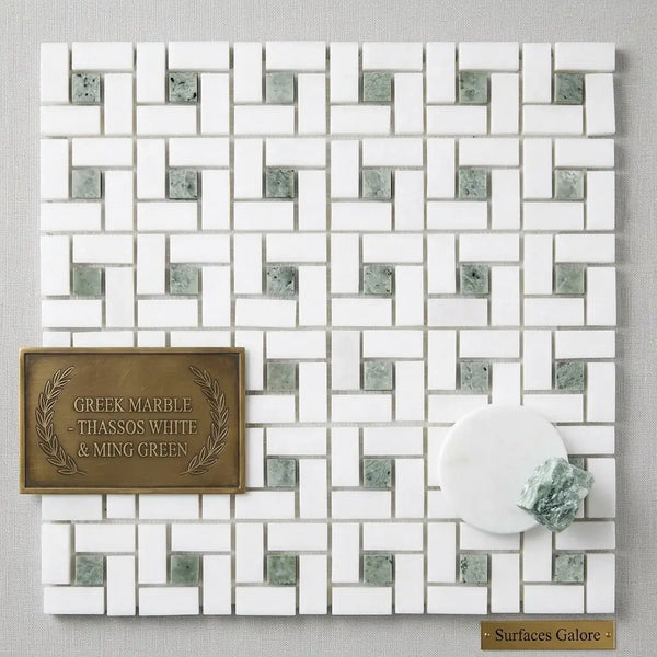 Thassos white pinwheel mosaic polished marble tile with ming-green white and green woven pattern design