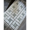 Thassos white pinwheel mosaic marble tiles in white and gray rectangular pieces arranged in a herringbone pattern