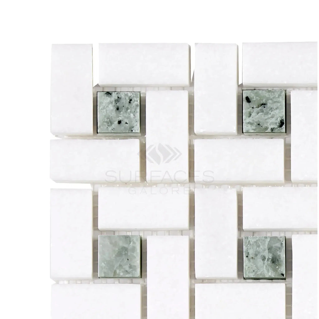Thassos White Pinwheel Mosaic with Ming Green accents in polished marble finish