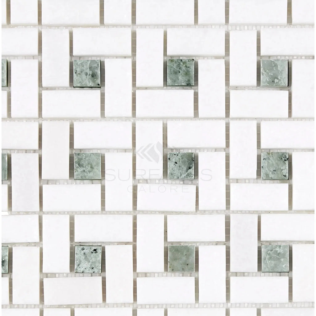 White and green mosaic tile pattern of Thassos White Pinwheel Mosaic Marble