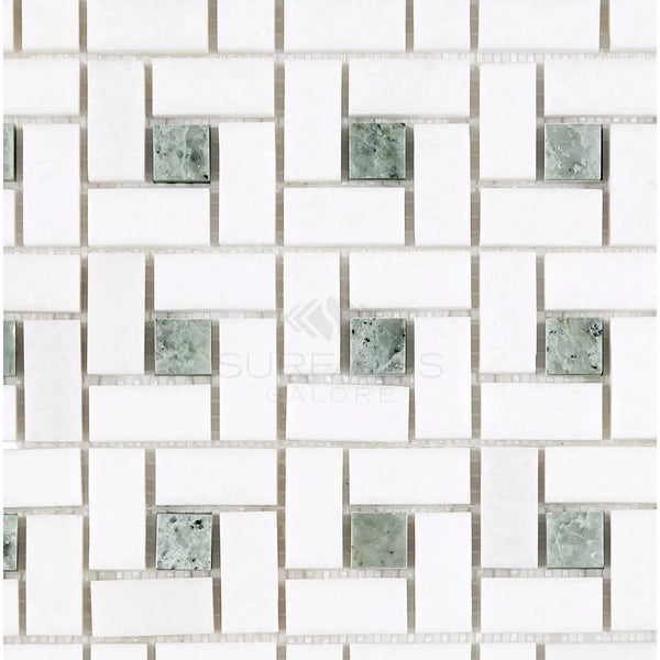 White and green mosaic tile pattern of Thassos White Pinwheel Mosaic Marble