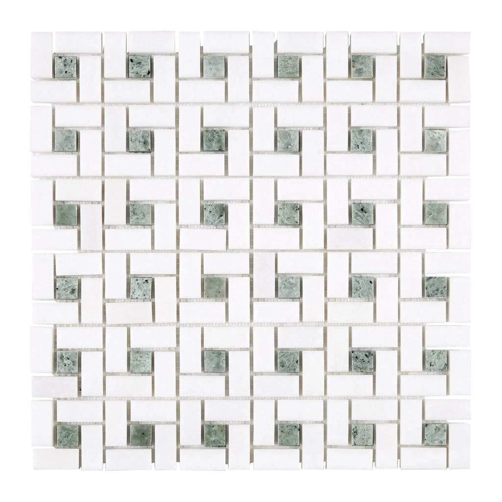 Square mosaic tile pattern featuring Thassos White Pinwheel Mosaic with Ming Green accents