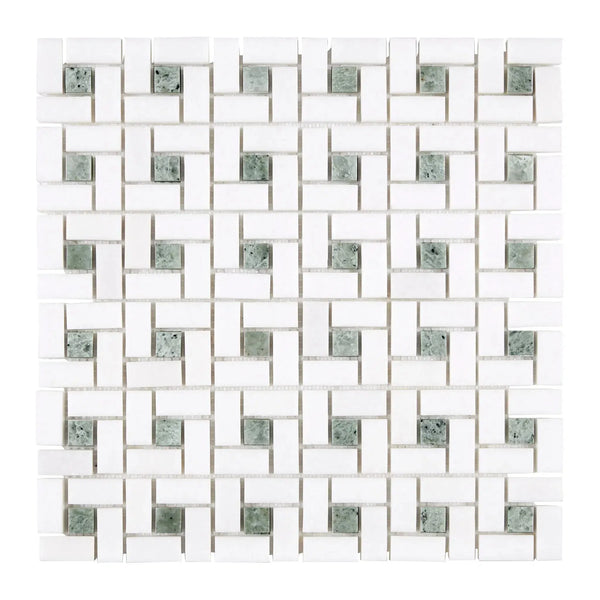 Square mosaic tile pattern featuring Thassos White Pinwheel Mosaic with Ming Green accents