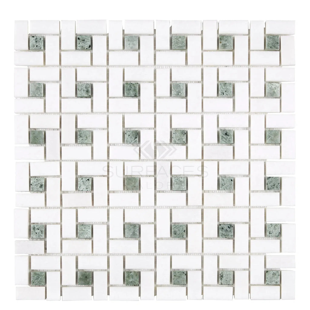 White and green Thassos White Pinwheel Mosaic tile pattern for elegant decor