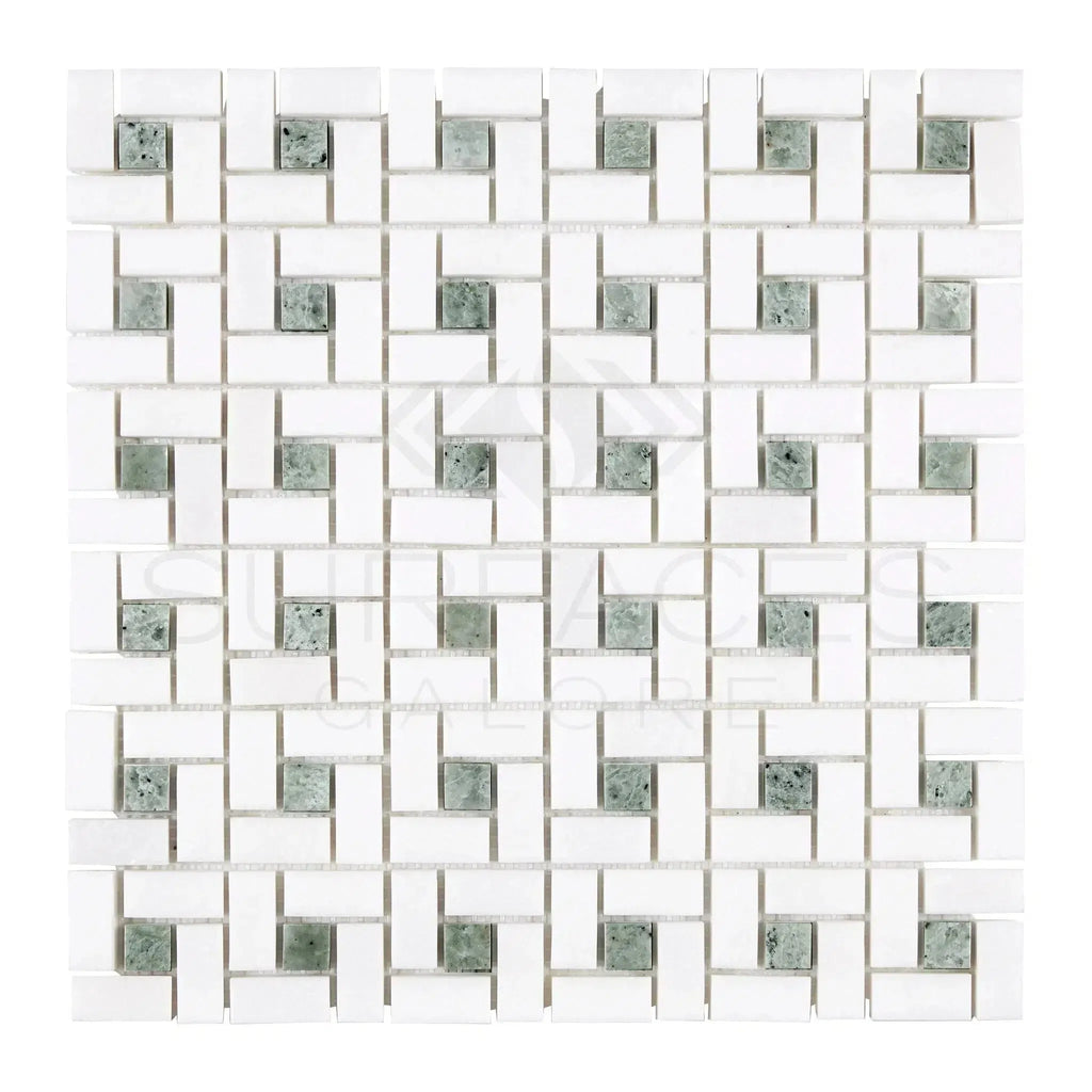 Thassos White Pinwheel Mosaic with Ming Green accents in polished marble finish