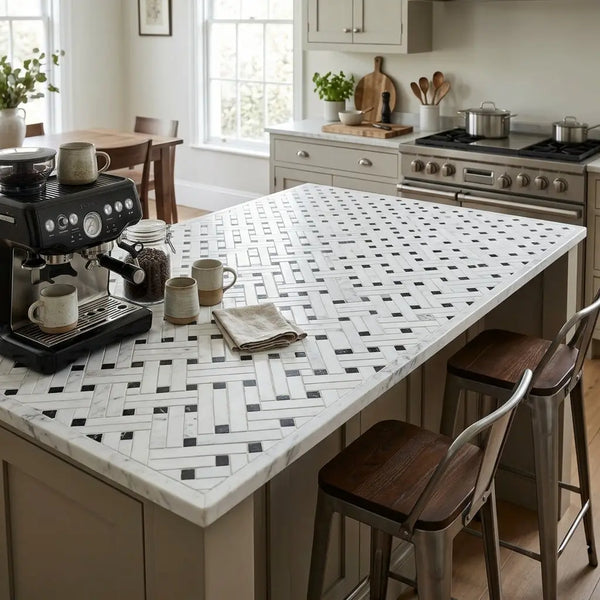 Thassos white stanza black mosaic marble countertop with polished or honed herringbone pattern design
