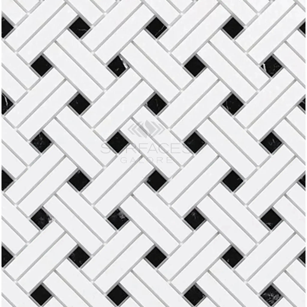 Woven white and black tile pattern of Thassos White Stanza Mosaic Marble