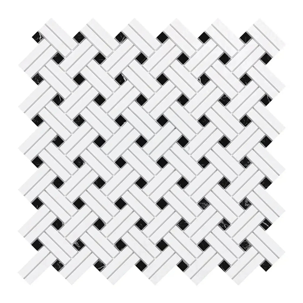 Woven white and black mosaic tile in Thassos White Stanza Marble Polished finish