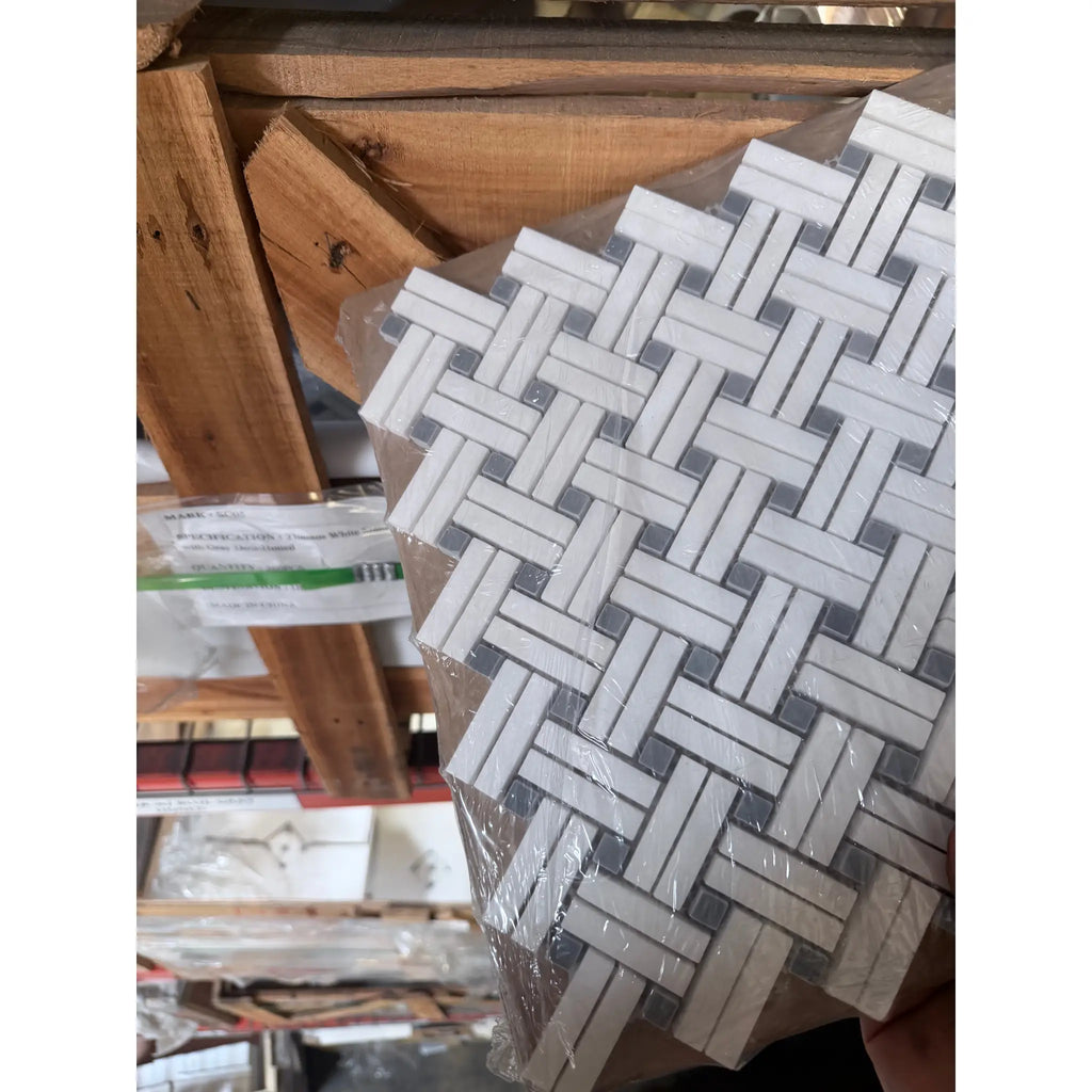 Thassos white stanza mosaic marble with white and gray tiles in a woven herringbone pattern polished or honed finish