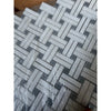 Thassos white stanza polished marble mosaic tile in white and gray with blue-gray woven pattern wrapped in clear plastic
