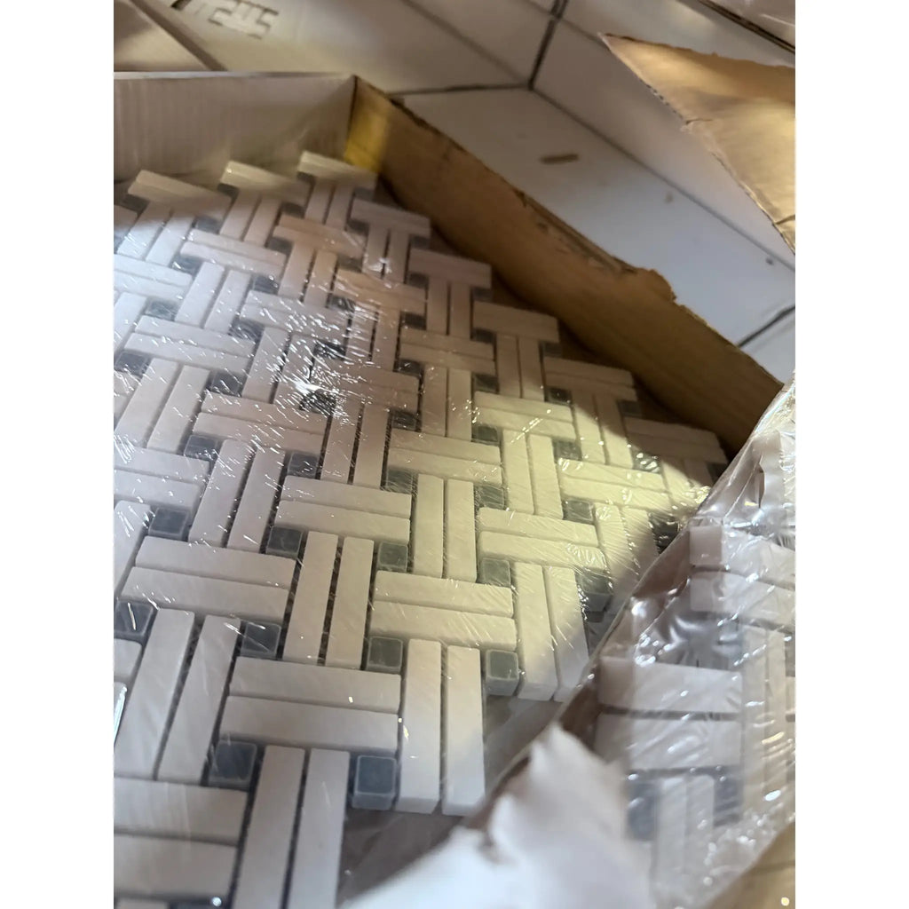 Thassos white stanza mosaic marble tile with white and gray woven interlocking polished or honed pattern