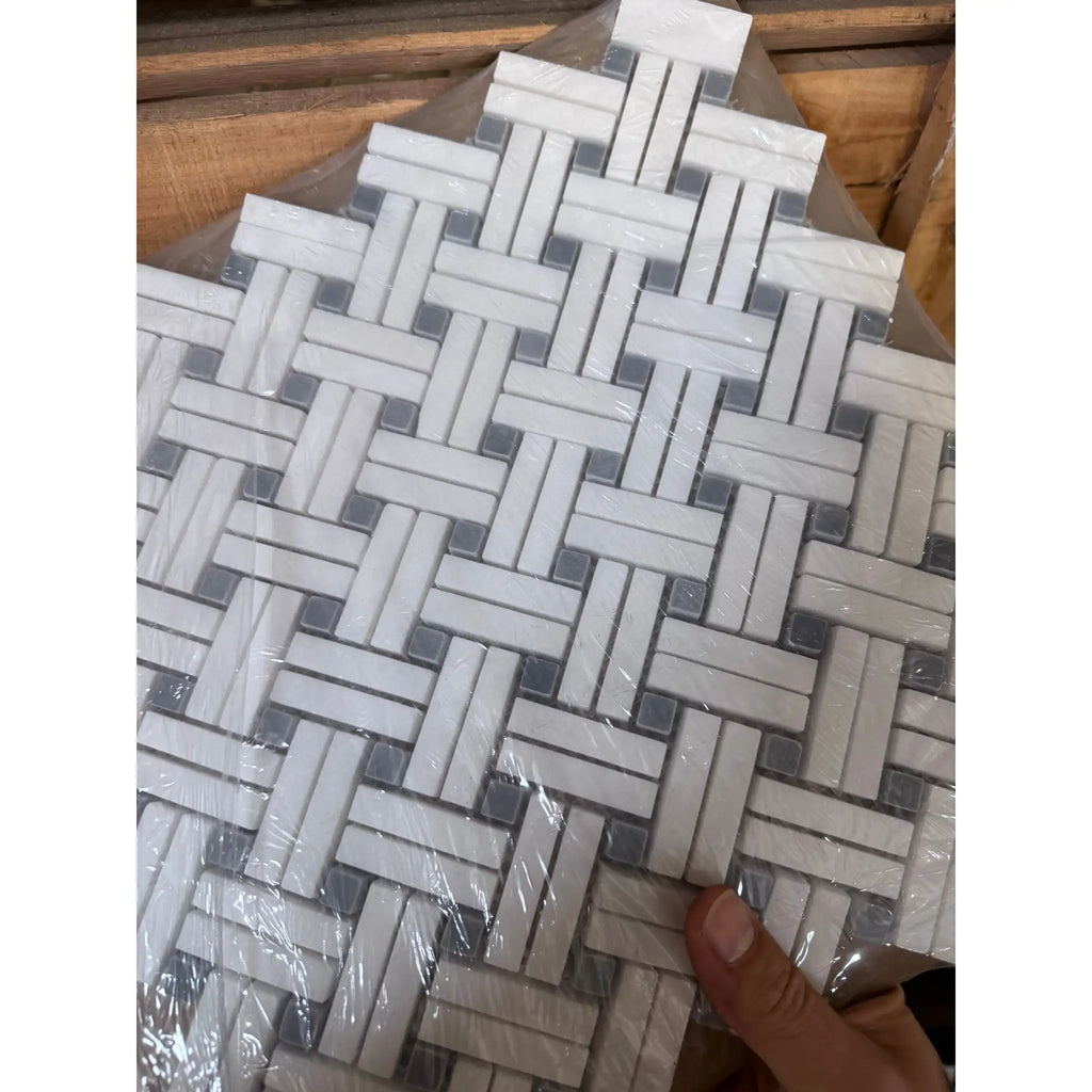 Thassos white stanza white and gray mosaic marble tile with polished basketweave pattern