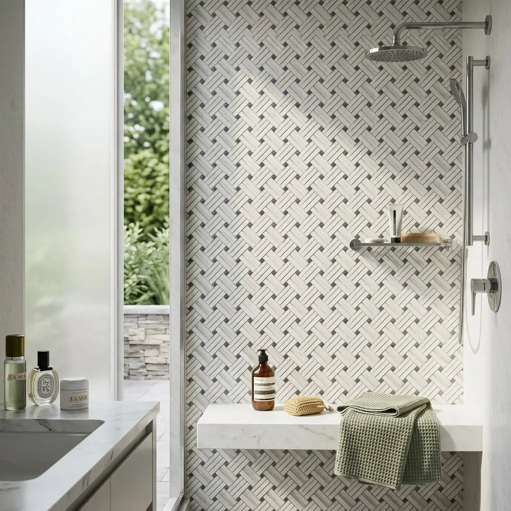 Thassos white stanza mosaic marble tile wall with white and gray herringbone pattern polished or honed finish
