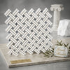 Thassos white stanza mosaic marble tile in polished or honed finish with white and gray herringbone pattern