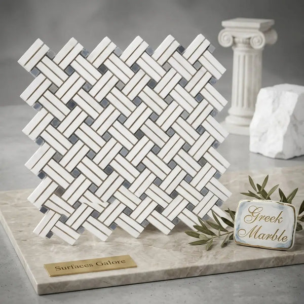 Thassos white stanza mosaic marble tile in polished or honed finish with white and gray herringbone pattern