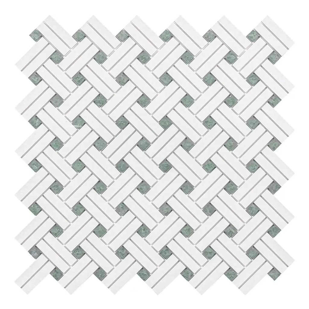 Woven white and gray tile pattern of Thassos White Stanza Mosaic Marble Polished or Honed