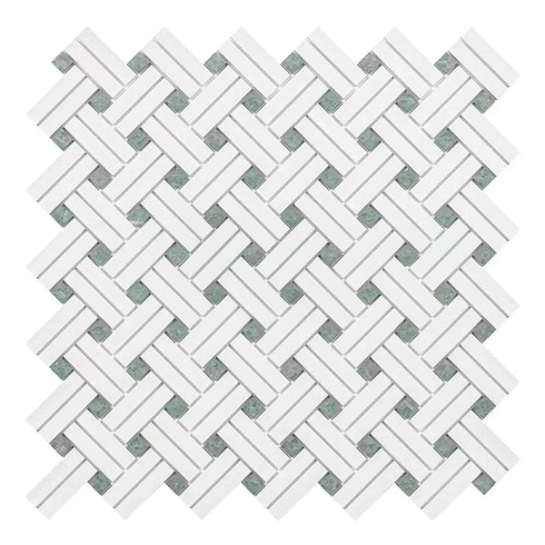 Woven white and gray tile pattern of Thassos White Stanza Mosaic Marble Polished or Honed
