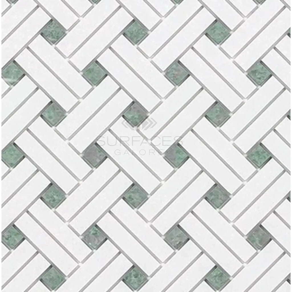 White and green herringbone tile pattern in Thassos White Stanza Mosaic Marble