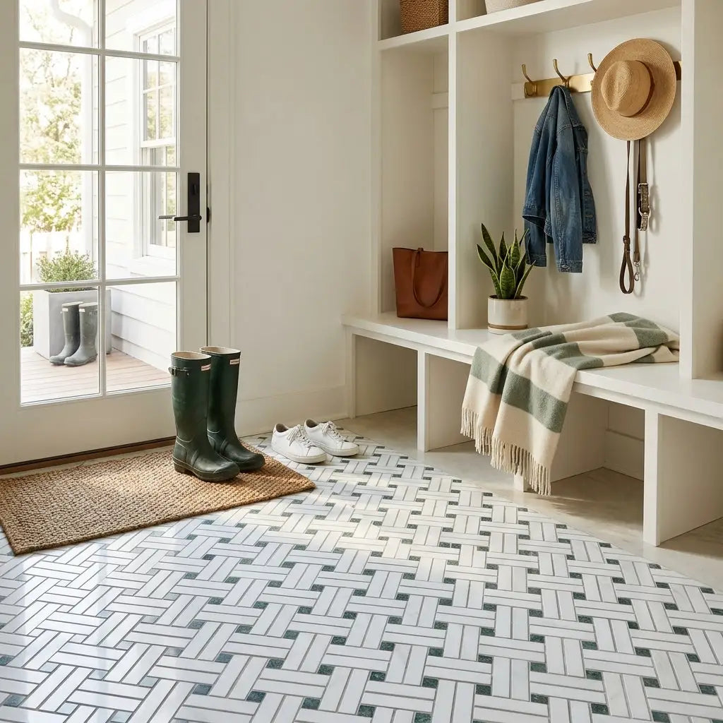 Thassos white stanza mosaic marble tile flooring in white and gray herringbone pattern polished or honed finish
