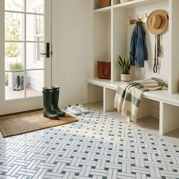 Thassos white stanza mosaic marble tile flooring in white and gray herringbone pattern polished or honed finish