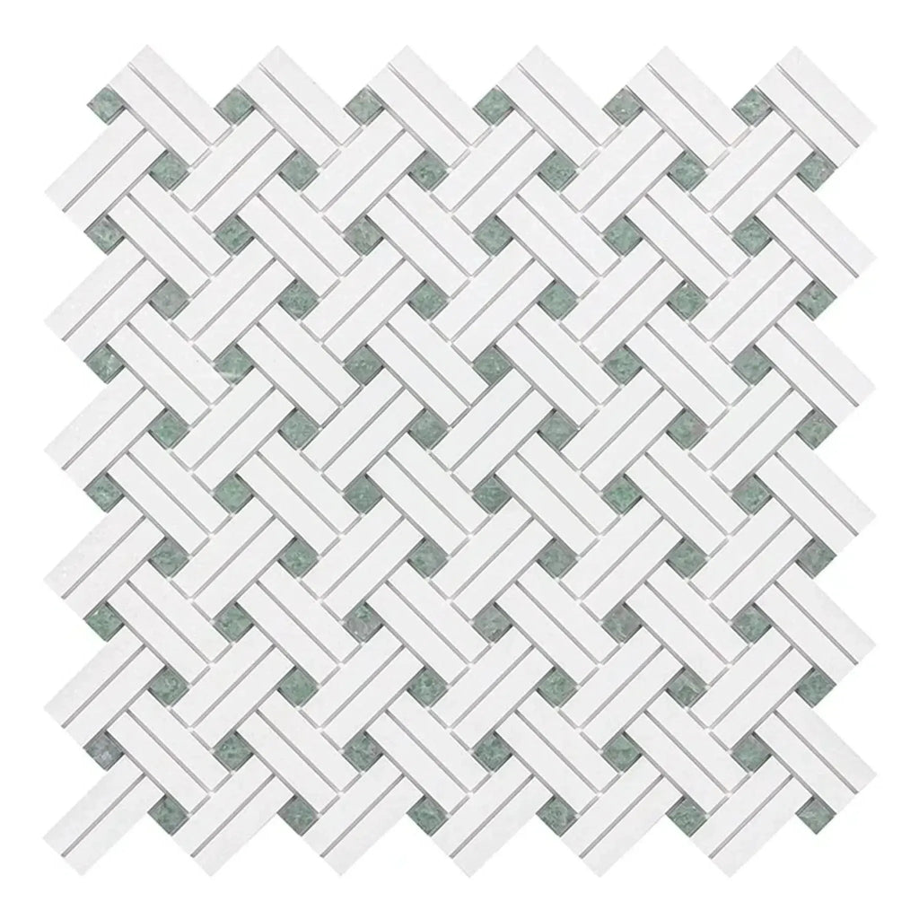 Woven white and gray tile pattern of Thassos White Stanza Mosaic Marble Polished or Honed