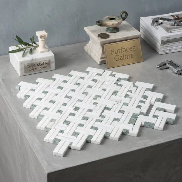 Thassos white stanza mosaic marble tile with white and gray colors in a woven basketweave pattern polished or honed