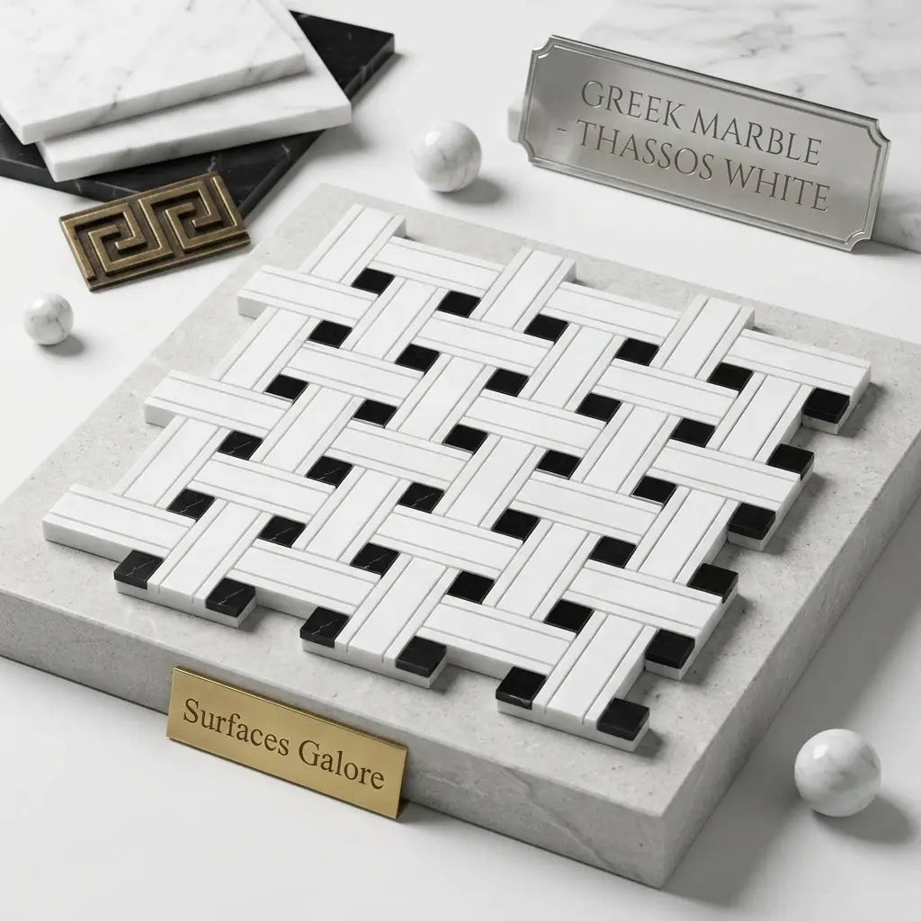 Thassos white triple-weave mosaic marble tile with black accents in woven pattern polished or honed finish