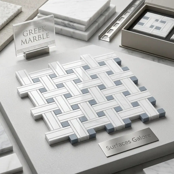 Thassos white triple-weave mosaic marble tile with blue-gray woven pattern in polished or honed finish