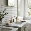 Brass faucet with curved spout and ornate handles installed on thassos white triple-weave blue-gray mosaic marble surface