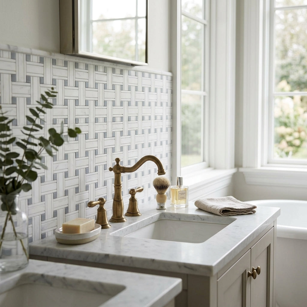 Brass faucet with curved spout and ornate handles installed on thassos white triple-weave blue-gray mosaic marble surface