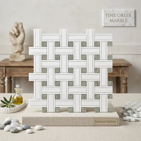 White and gray woven mosaic tile panel made of fine greek marble thassos white triple-weave with ming-green