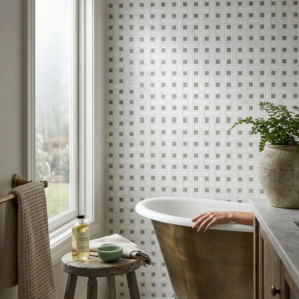 Antique brass clawfoot bathtub with smooth polished surface and classic curved edges in thassos white triple-weave mosaic marble
