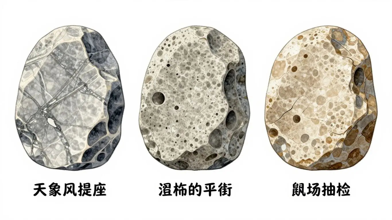 Comparison of marble, travertine, and limestone textures.