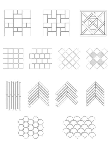 Tile pattern samples for marble and travertine installation layout ideas.