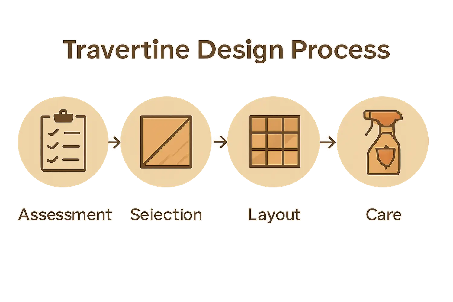 Infographic showing five-step travertine design process with icons for assessment, selection, layout, installation, and care.