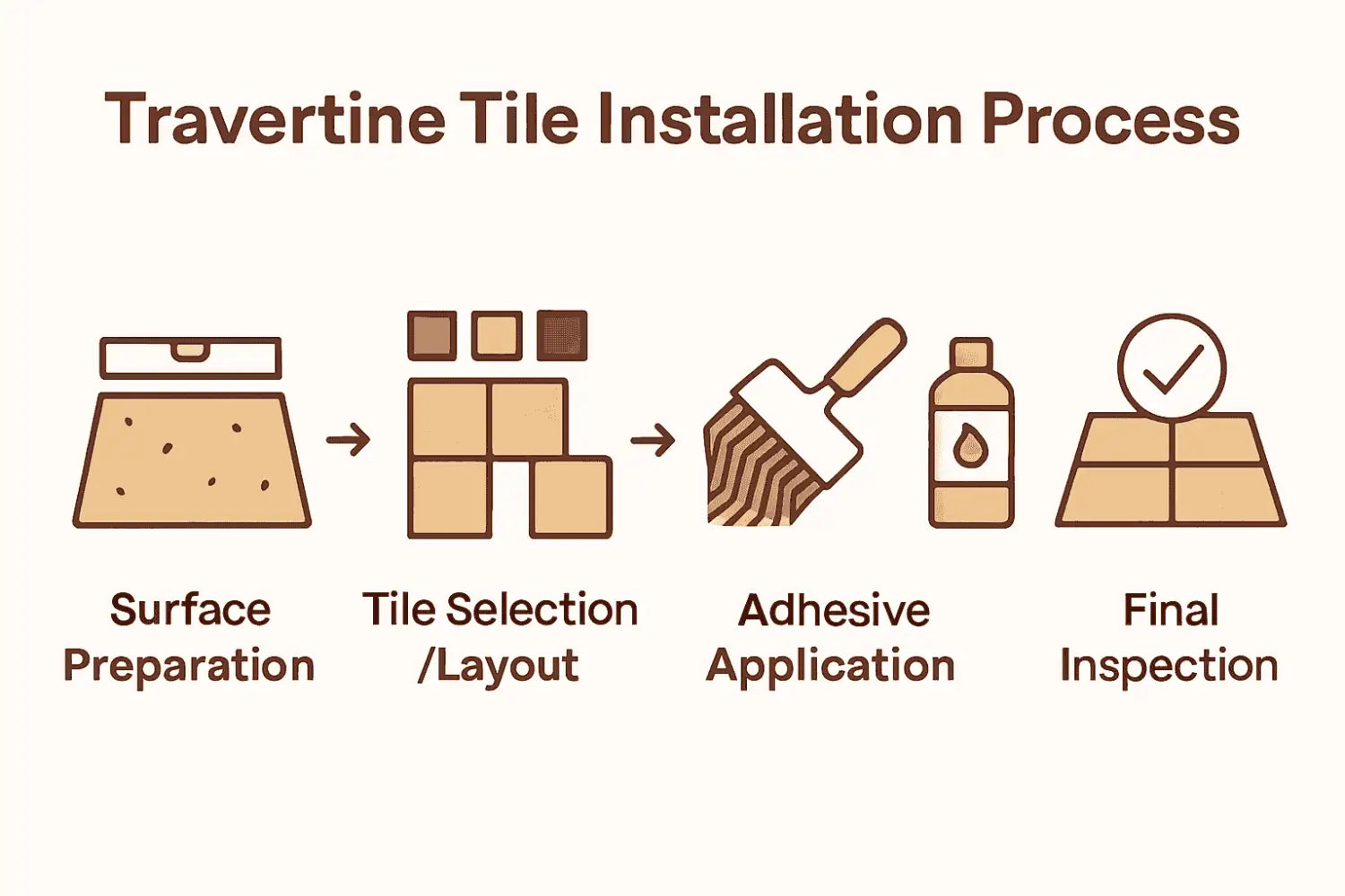 Infographic showing five steps in travertine tile installation with icons for each process stage.